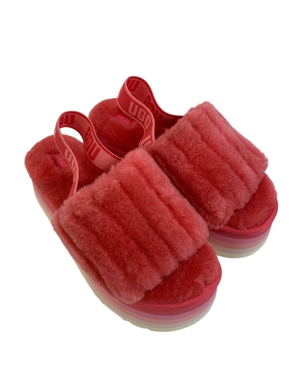 UGG Womens Fluffita Platform Sandals Red Gradient Sheepskin Size 8 EUC - Picture 2 of 11